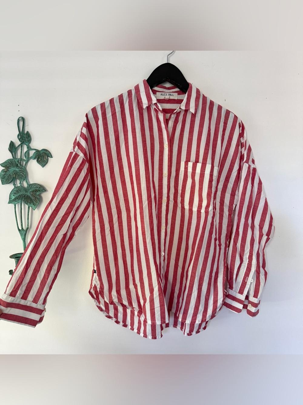 Alex Mill Wash & Go Ruby Red White Striped Cotton Linen Button Up Shirt S
